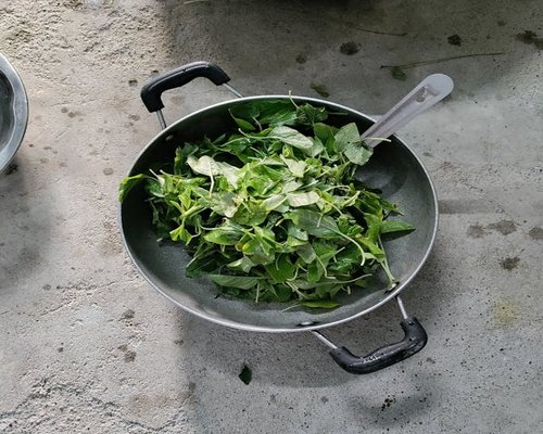 Rich green spinach leaves prepared on a plate inside a home kitchen setup